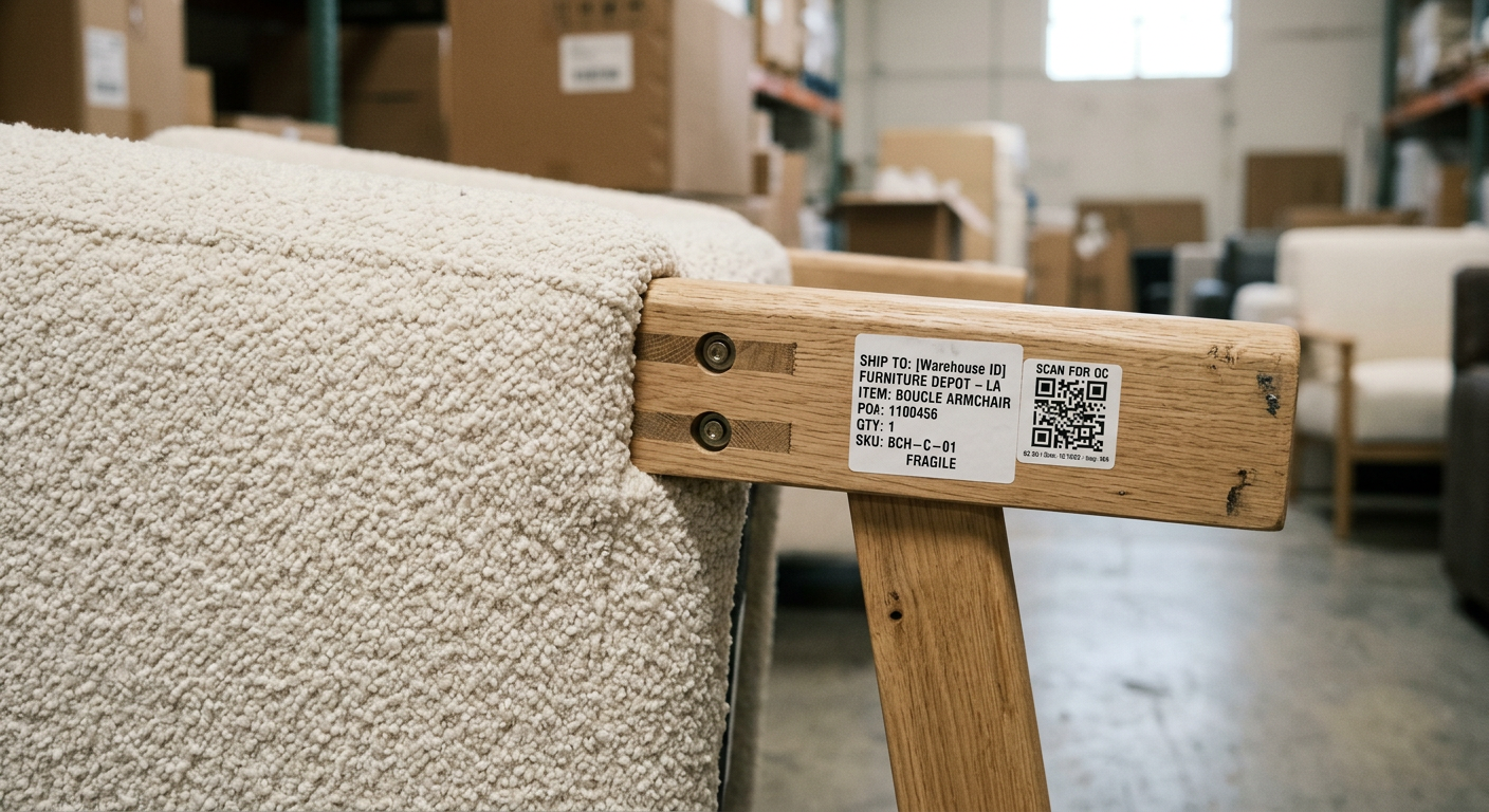 Close-up of fabric, leg joint, and QR label